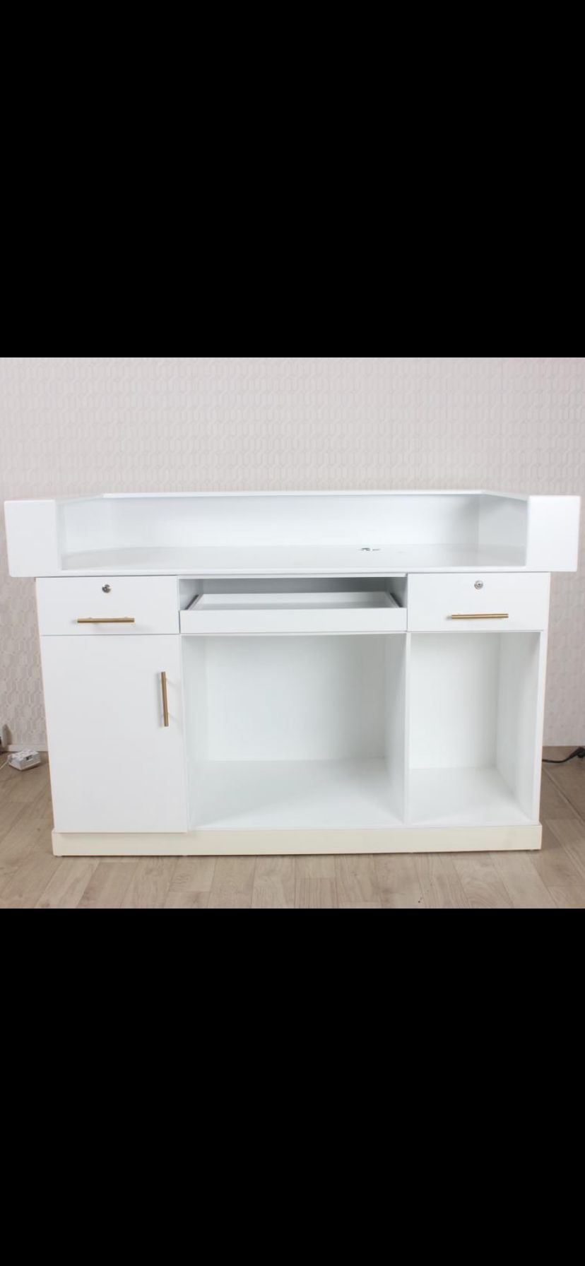 Merella reception desk, modern furniture in style, color white, back view photo 