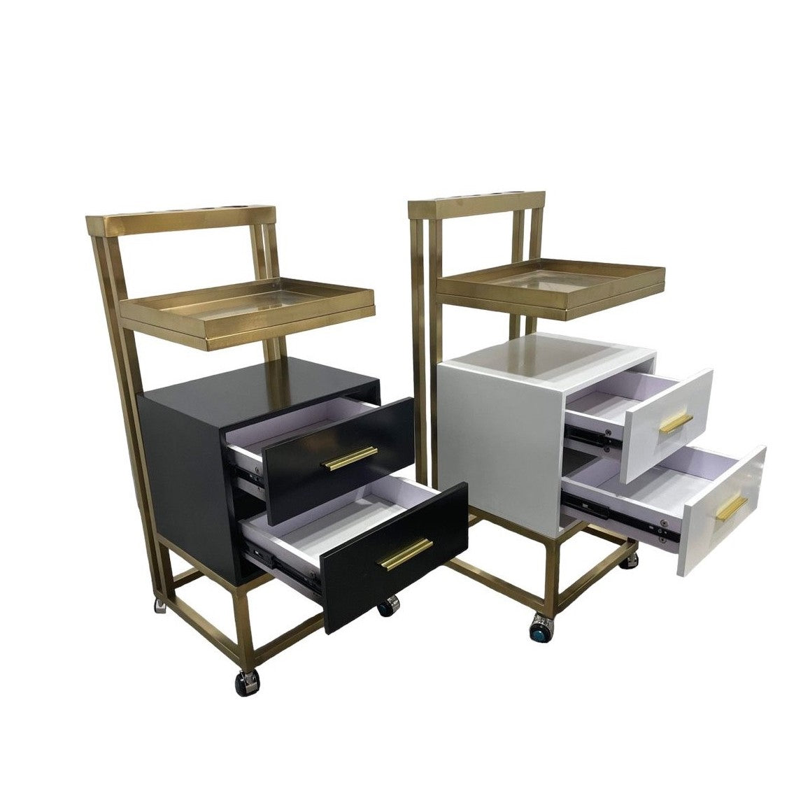 The ORA salon trolley, stylish and practial accessories trolley, white or black color, side view photo