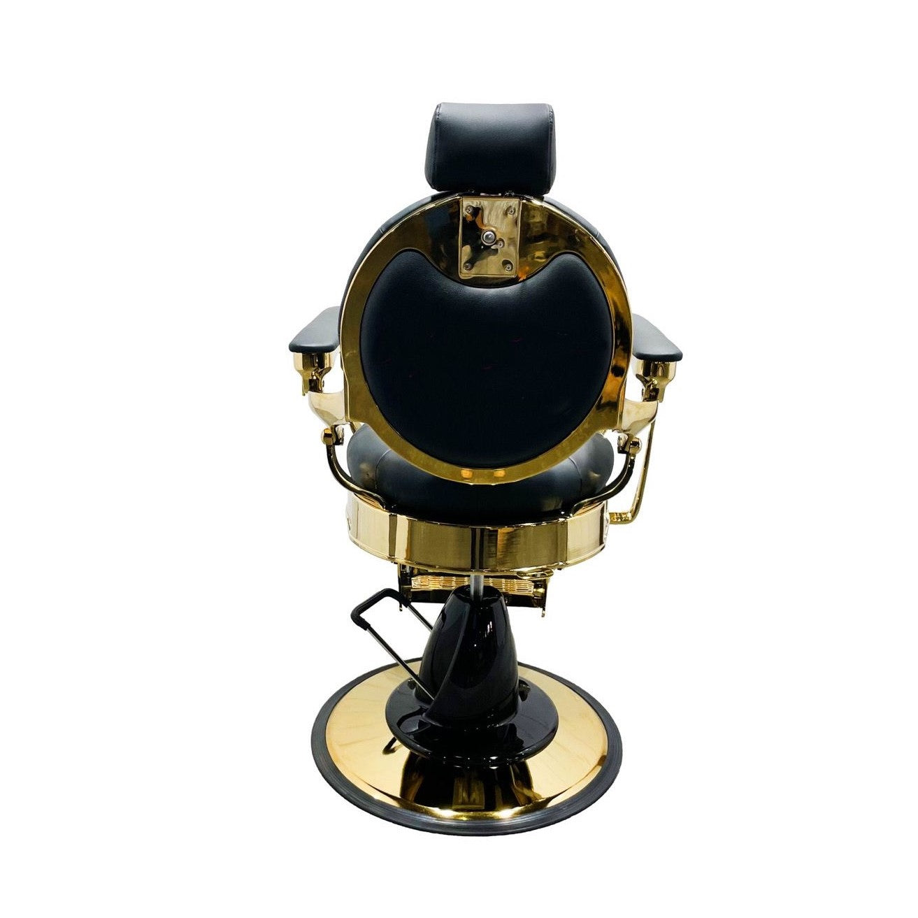 The master barber chair, heavy-duty and luxurious gold barber chair, black leather color, back view photo