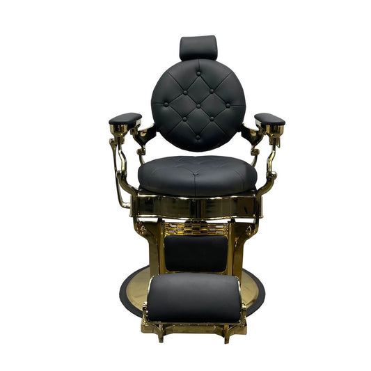 The master barber chair, heavy-duty and luxurious gold barber chair, black leather color, front view photo