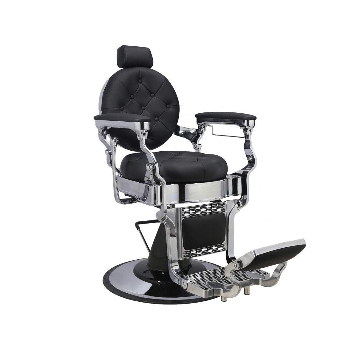 The master barber chair, heavy-duty and luxurious chrome barber chair, black leather color, front view photo