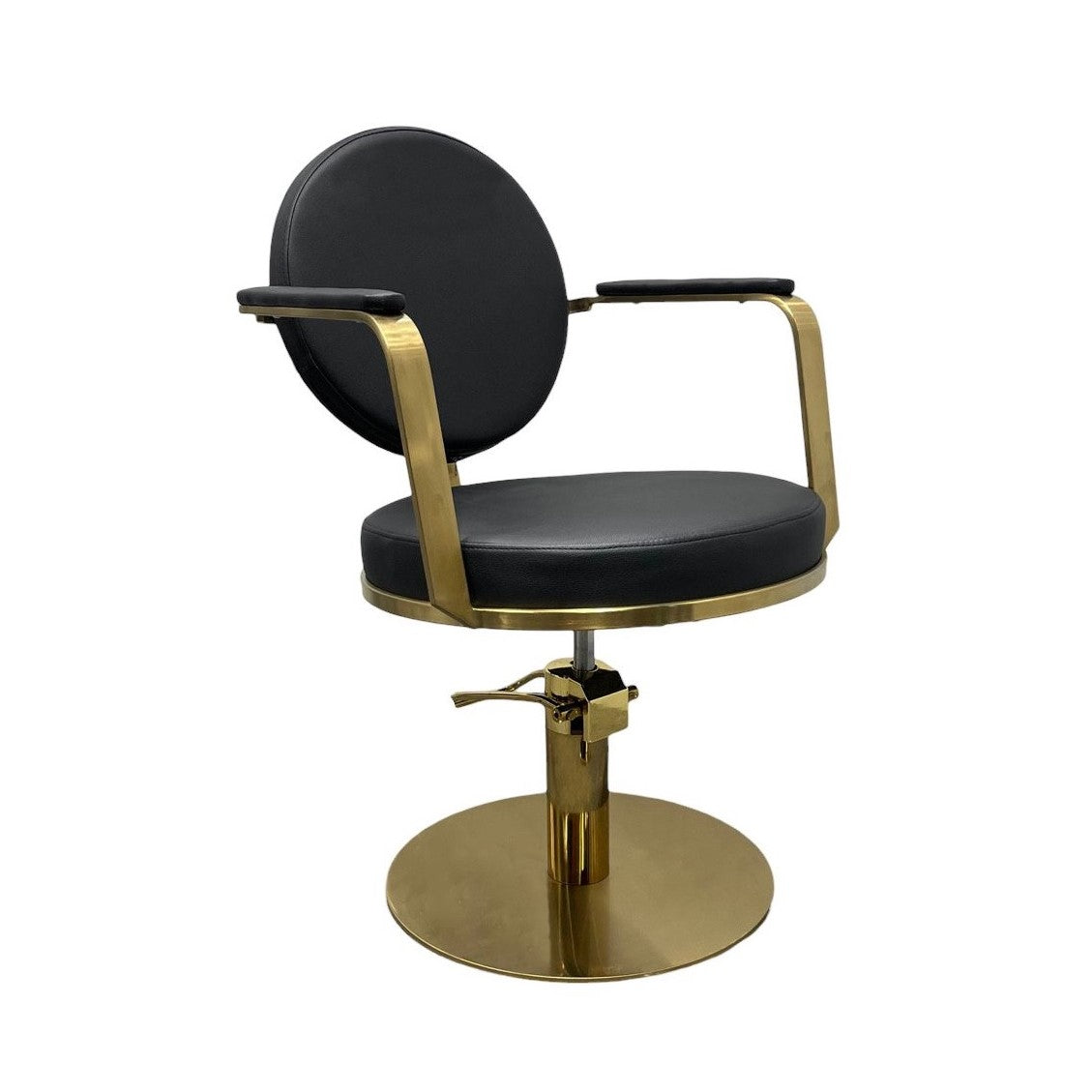 The Meira Styling Chair, trendy gold stainless steel frame, black leather, front view photo