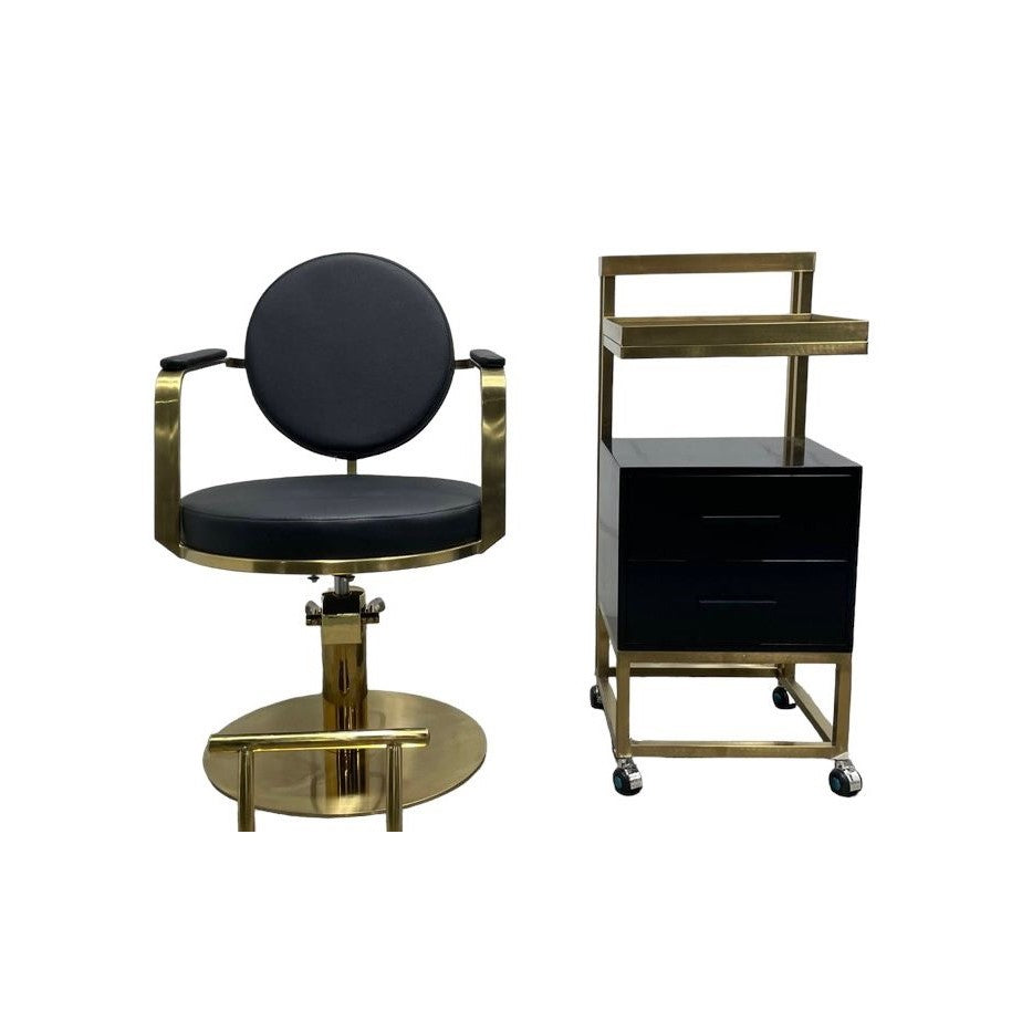 The Meira Styling Chair with matching beauty trolley, trendy gold stainless steel frame, black leather, front view photo