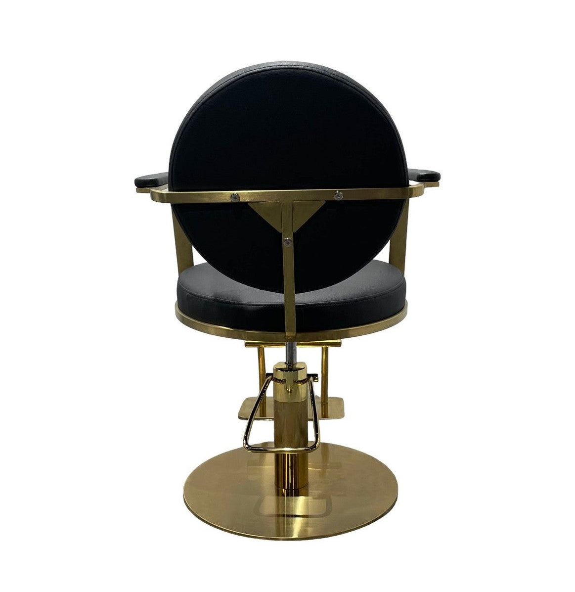 The Meira Styling Chair, trendy gold stainless steel frame, black leather, rear view photo