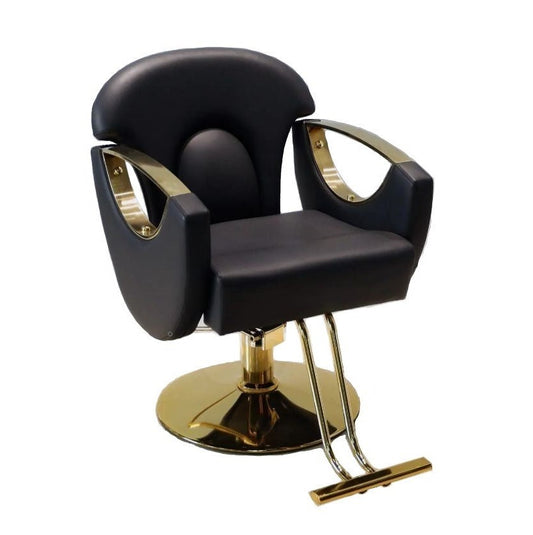 Serenity Styling Chair, salon chair with gold decor, color black, front view photo